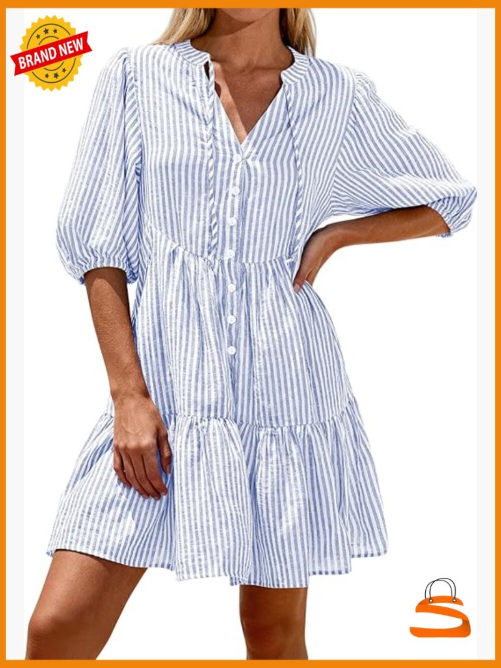 Striped Mini Dress With Pockets V-Neck Button Down Tiered Flowey Summer